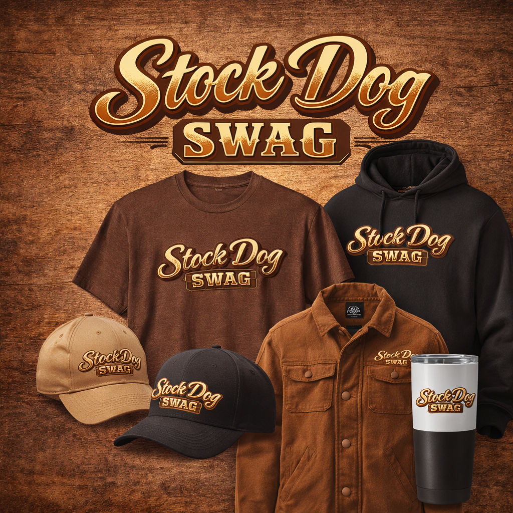 Stock Dog Swag apparel lineup: logo tee, hoodie, button-up shirt, caps, jacket, and tumbler.
