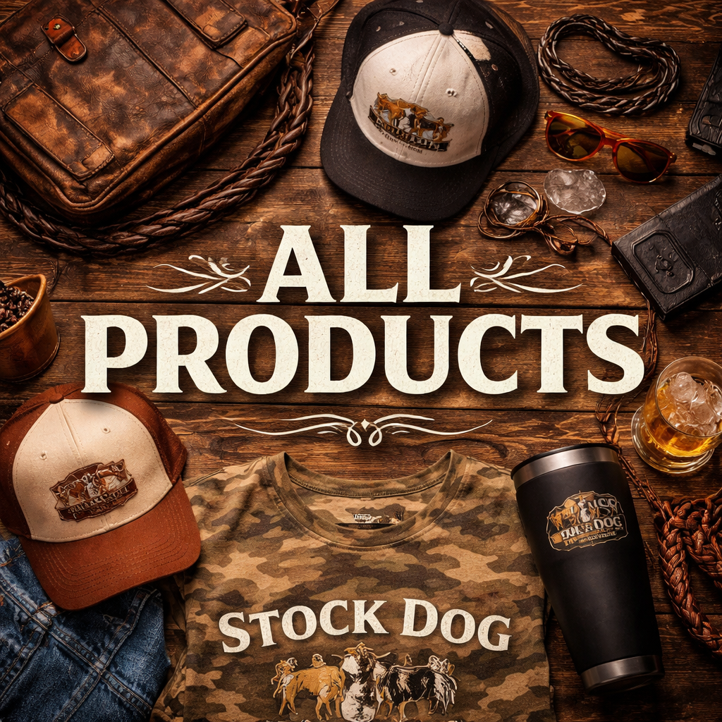 Shop All Products: rustic outdoor gear collage on wood, featuring camo tee, hats, leather bag, rope, mug and tumbler.