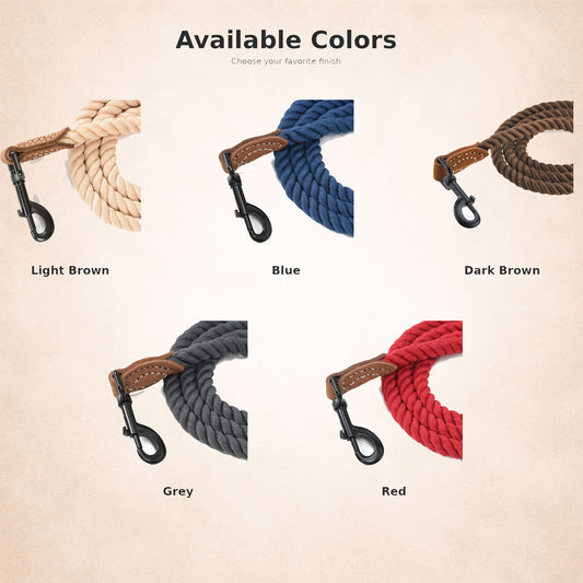 Braided Cotton Rope Leashes with Leather Tip - Heavy Duty Metal Clasp, 4FT or 6FT
