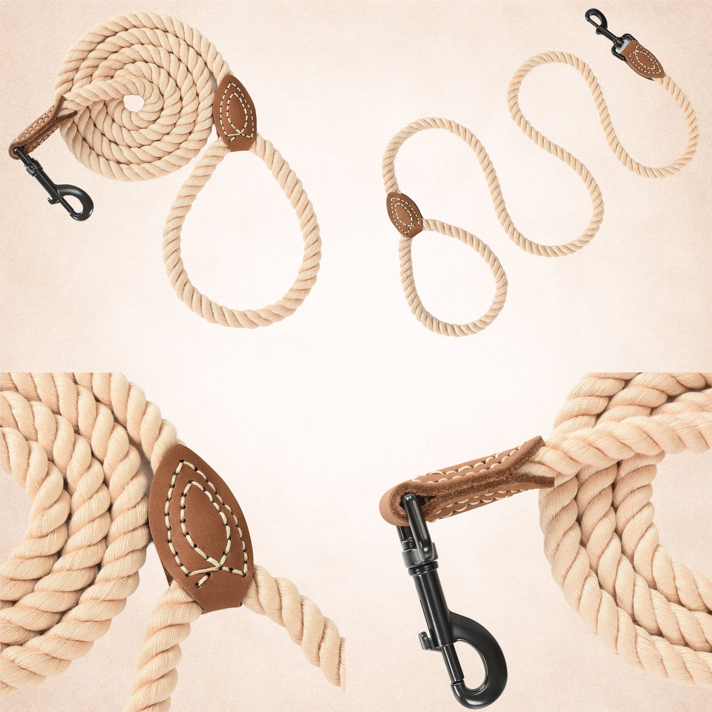 Braided Cotton Rope Leashes with Leather Tip - Heavy Duty Metal Clasp, 4FT or 6FT