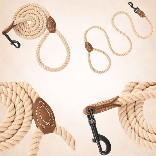 Braided Cotton Rope Leashes with Leather Tip - Heavy Duty Metal Clasp, 4FT or 6FT