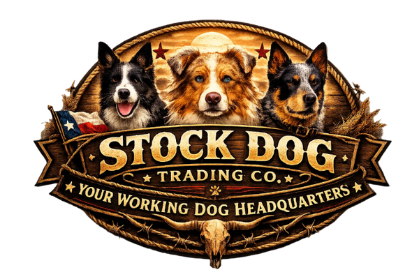 Logo of Stock Dog Trading Co. featuring three dogs and a skull on a wooden background.